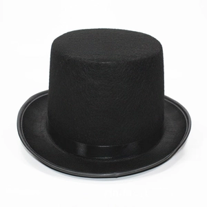 Close-up of classic black felt top hat with elegant satin ribbon for stage performance