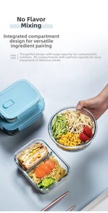 Detail view of divided glass bento boxes with secure lids for organized meal prep storage