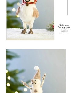 Detail of plush snowman and elf dolls with wool felt texture and warm holiday lights