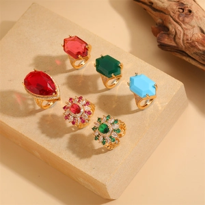 Vintage Copper Open Ring For Women Luxurious Gold Plated Hexagonal Zirconia Flower Statement Cocktail Adjustable Finger Ring Jewelry