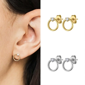 Minimalist S925 silver stud earrings with round zircon stones in gold and silver options