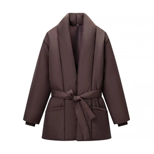 Women Puffer Jacket Polyester V Neck Belted Loose Fit Casual Solid Color Padded Coat With Pockets