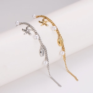 Elegant gold and silver charm bracelets with starfish, shell pendants and pearls