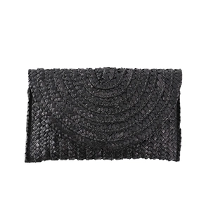 Minimalist black straw woven envelope clutch bag with textured semi-circle pattern