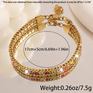 Three-layer gold titanium steel bracelet with multi-color crystals and lobster clasp