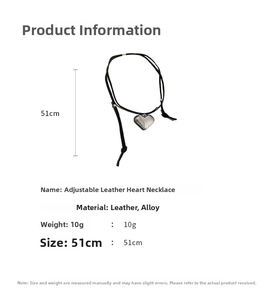 Detail showing 51cm adjustable black leather heart necklace with silver alloy pendant
