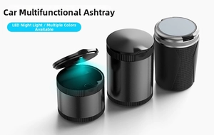 Black matte car ashtray with blue LED light feature and silver metal lid detail