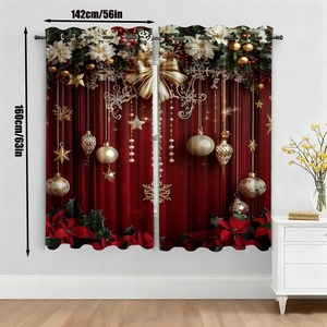 Detail of Christmas velvet curtain with gold bow patterns and 142x160cm size marks