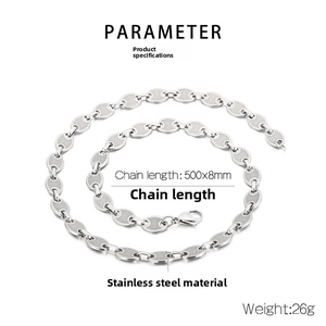 Macro detail of stainless steel coffee bean chain necklace measuring 500mm by 8mm