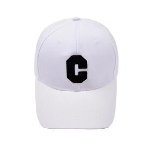 Close-up of white cotton baseball cap featuring a black embroidered C letter on the front