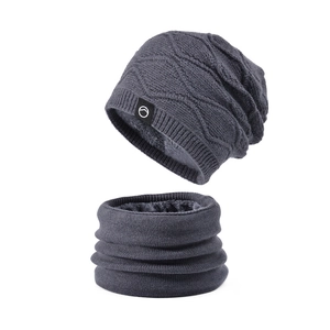 Winter thermal thick cable knit hat and neck warmer set with fleece lining for women