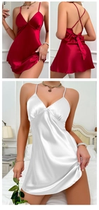 Detail view of red and white satin nightgowns with V-neck and criss-cross back straps