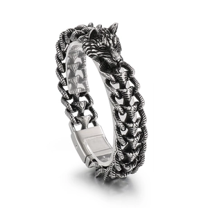Bracelet chaîne d'os tressée avec tête de loup punk en acier inoxydable argenté