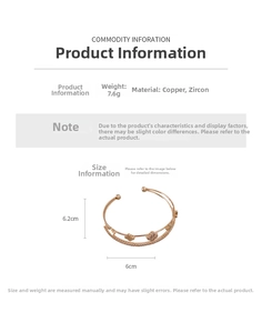 Detailed view of rose gold open bangle with zircon clover and size specifications