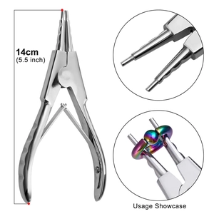 Pinza per piercing da 14cm in acciaio inossidabile con dettagli d'uso e misure precise
