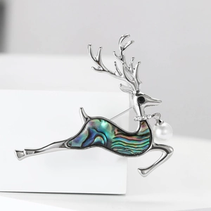 Elegant silver elk brooch with colorful abalone shell inlay and white pearl pendant