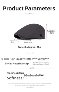Detailed size chart of dark gray washed cotton flat cap with dimensions and measurements