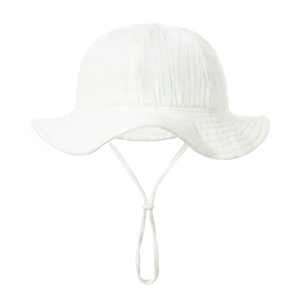 Detail of white cotton sun hat with adjustable windproof drawstring and soft texture