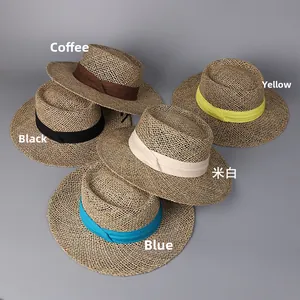Variety of woven straw hats in five colors including coffee, black, yellow, beige and blue