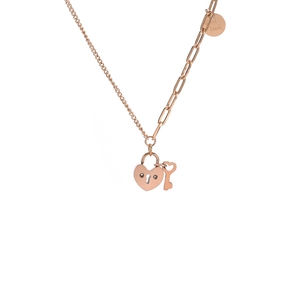 18k rose gold asymmetrical heart lock and key pendant necklace with Good Luck tag