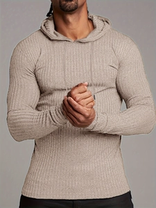 Slim fit men's hooded knit sweater in oatmeal with vertical ribbed texture detail