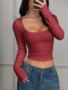 Y2K style red long sleeve ribbed knit crop top with a square neckline for women