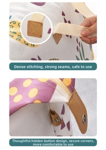 Close-up of reinforced leather stitching and metal snap button on printed storage bag