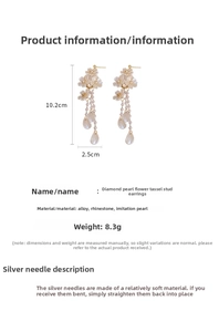 Detail showing pearl tassel flower earrings size 10.2x2.5cm with silver needle studs