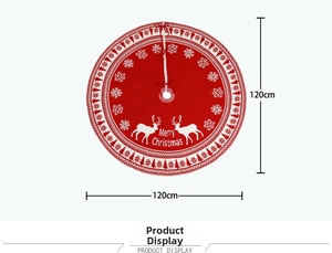 Detail of a 120cm red knitted Christmas tree skirt with reindeer and snowflake patterns
