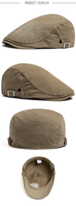 Detailed views of a men's khaki cotton flat cap with letter embroidery