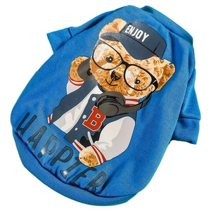 Blue dog t-shirt with cartoon bear print and knit fabric for small pets and corgis