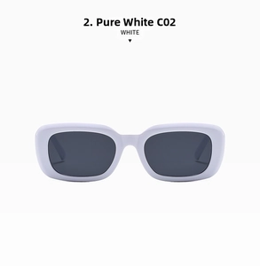 Front view of solid white rectangular sunglasses with dark lenses and thick frames