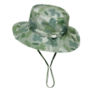 Detail of adjustable windproof drawstring with dinosaur print on kids sun hat