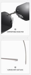 Detail view of comfortable nose pads and curved anti-slip metal temples on rimless sunglasses