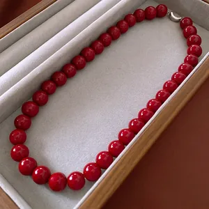 Round Bead Necklace For Women Red Glass Beads Handmade Simple Fashion Jewelry Clasp Choker Necklaces Glossy Elegant Style