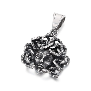 Dark style Medusa pendant necklace in stainless steel with antique silver finish for men