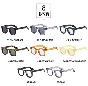 Detail view of eight vintage square sunglasses color options with metallic rivets