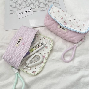 Floral quilted pencil case with pom-pom trim and large capacity for students