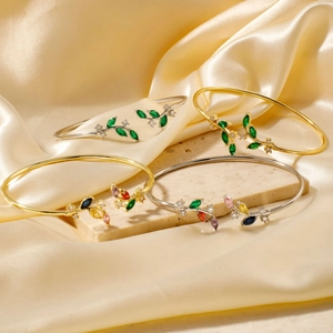 Elegant gold and silver willow leaf open bracelets with colorful marquise gemstones