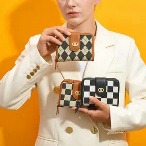 Women Short Wallet Checkered Canvas PU Leather Patchwork Bifold Multi Card Holder Coin Purse Vintage