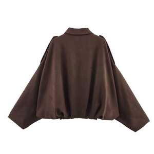 Detail of coffee brown faux suede bomber jacket with epaulettes and oversized fit