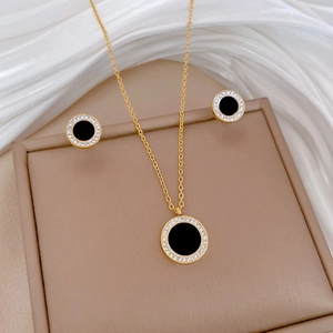 Titanium Steel Round Black Agate Pendant Necklace Earrings And Bracelet With Zircon Inlaid Minimalist Style For Women