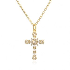 Detailed view of 18K gold plated cross pendant necklace with micro-set zircon stones