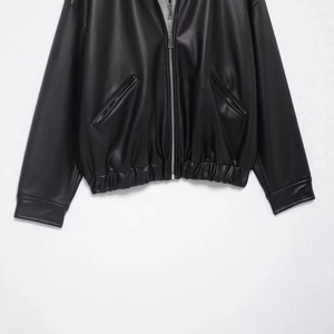 Fashionable black leather effect jacket with zipper closure and elastic hem for men