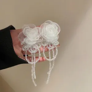 Boucles D'oreilles Pendantes Fleurs En Organza Avec Gland De Perles De Cristal Et Silver Earring Post Style Rococo Français