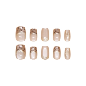 Short square leopard print press-on nails with golden glitter lines and cat-eye finish