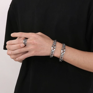 Vintage punk silver steel bracelet and portrait ring set for men on hand