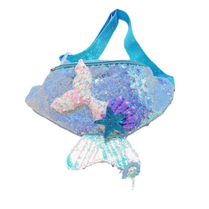 Light blue sequin mermaid fanny pack for kids featuring starfish and shell charms