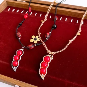 Vintage Bean Pod Pendant Necklace Alloy Zircon Acrylic Red Beads Woven Rope Ethnic Flower Charm Jewelry For Women