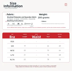 Size chart showing measurements and fabric specs for quick-dry V-neck sports bras